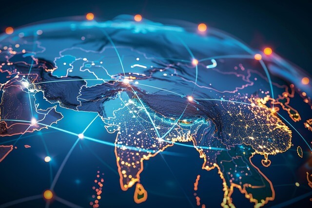 Global supply chain network with connected routes and logistics hubs — challenges in spare parts delivery and international logistics