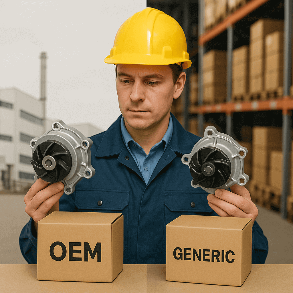 Operario comparando repuestos OEM y genéricos — evaluando diferencias de calidad y procedencia.